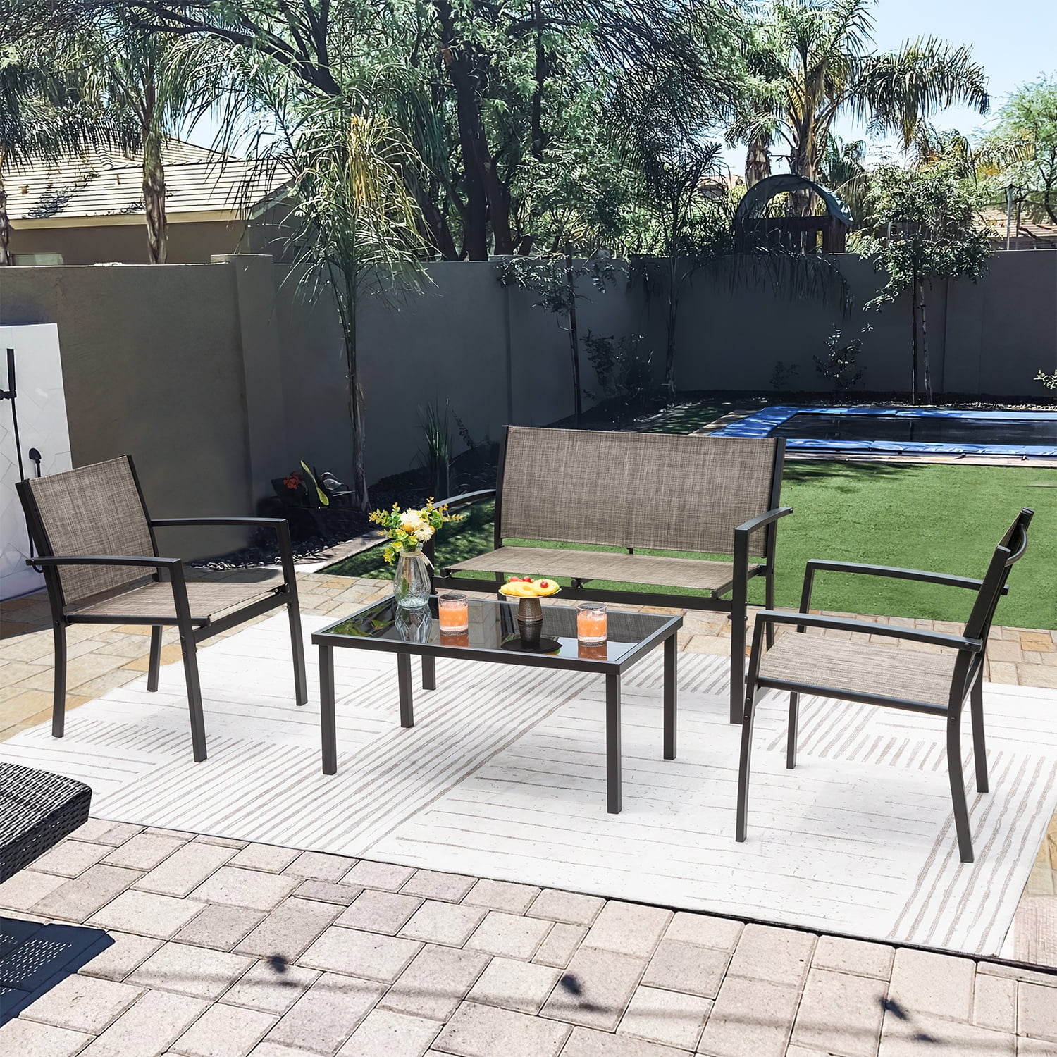 Devoko 4 Pieces Patio Furniture Outdoor furniture Outdoor Patio Furniture Set Textilene Bistro Set Modern Conversation Set Black Bistro Set with