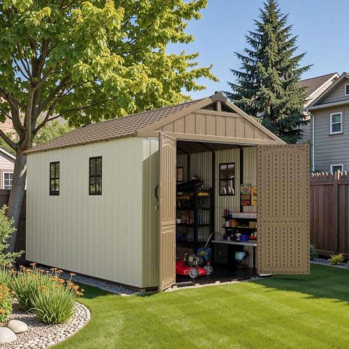 Patiowell 8 x 12 FT Plastic Outdoor Storage Shed with Floor, Resin Shed with Window and Lockable Door for Garden, Backyard, Tool Storage Use
