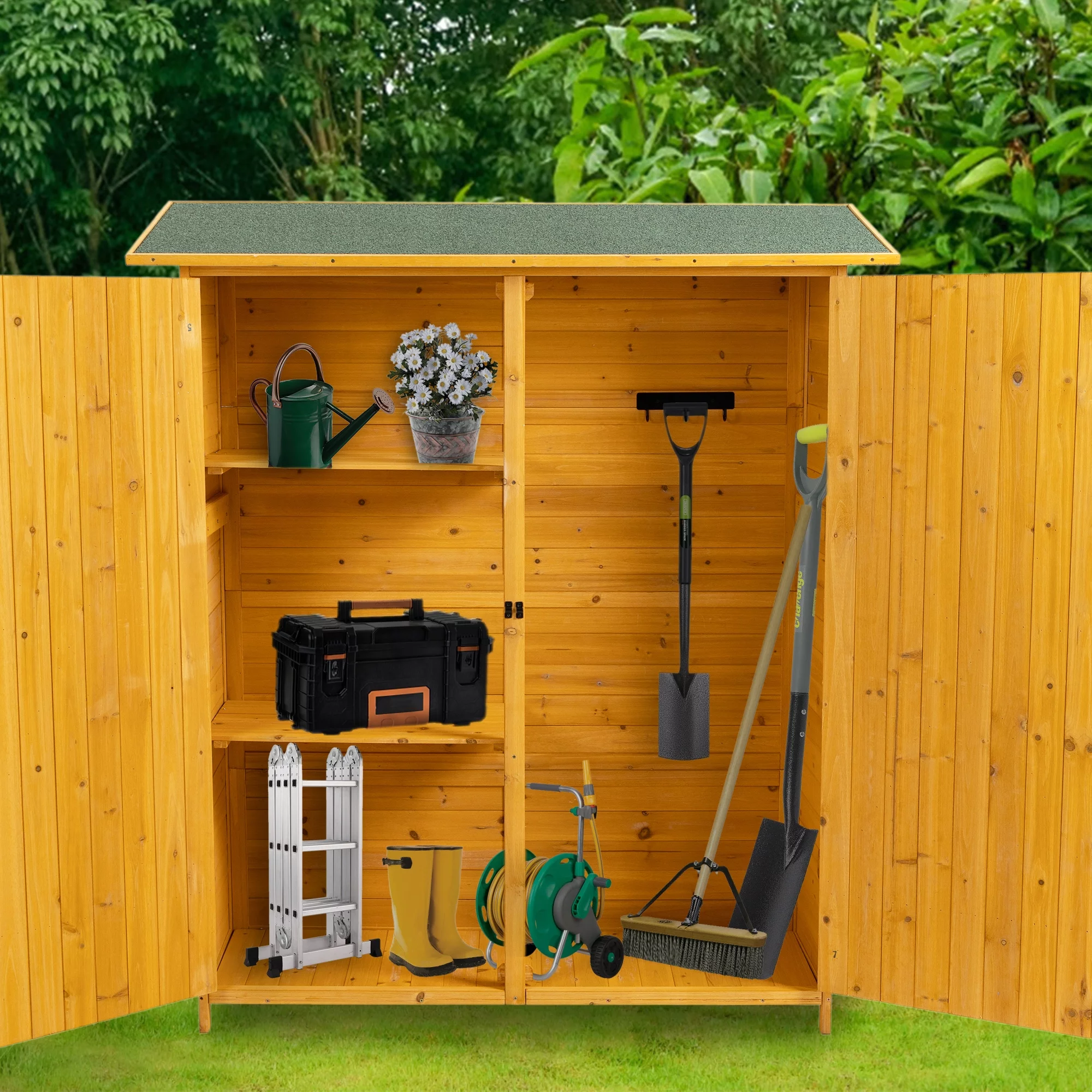 CASEMIOL Patio Storage Shed with Detachable Shelves and Hooks, Outdoor Wood Shed with Waterproof Pitch Roof, Backyard Shed with Lockable Door