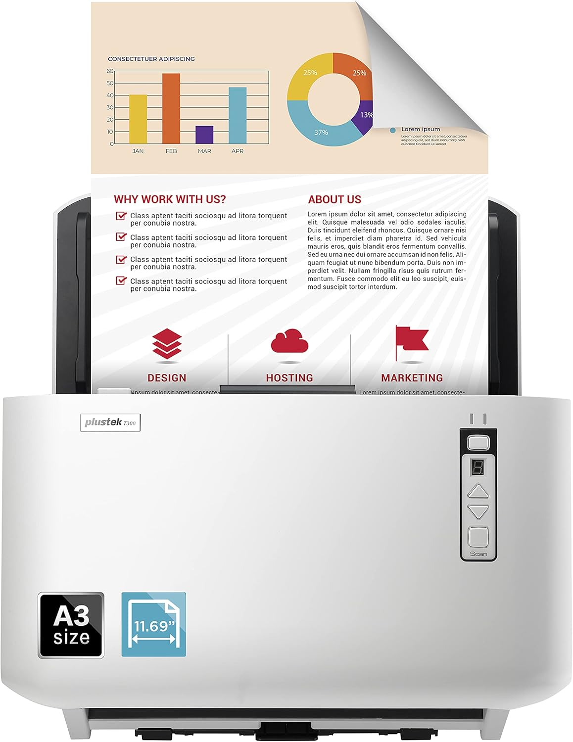 Plustek T300 A3 Large Format Document Scanner - High Speed Duplex with 100 Sheet Automatic Document Feeder (ADF)