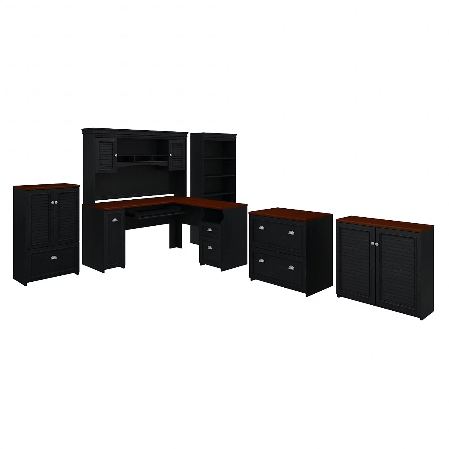 Fairview L Shaped Desk with Hutch and Storage Set in Black - Engineered Wood