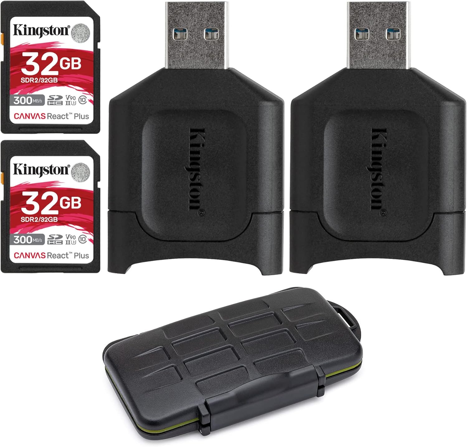 Kingston 32GB Canvas React Plus V90 UHS-II SDXC Card with UHS-II SD Card Reader (2-Pack) and Memory Case Bundle (3 Items) Pack of 2