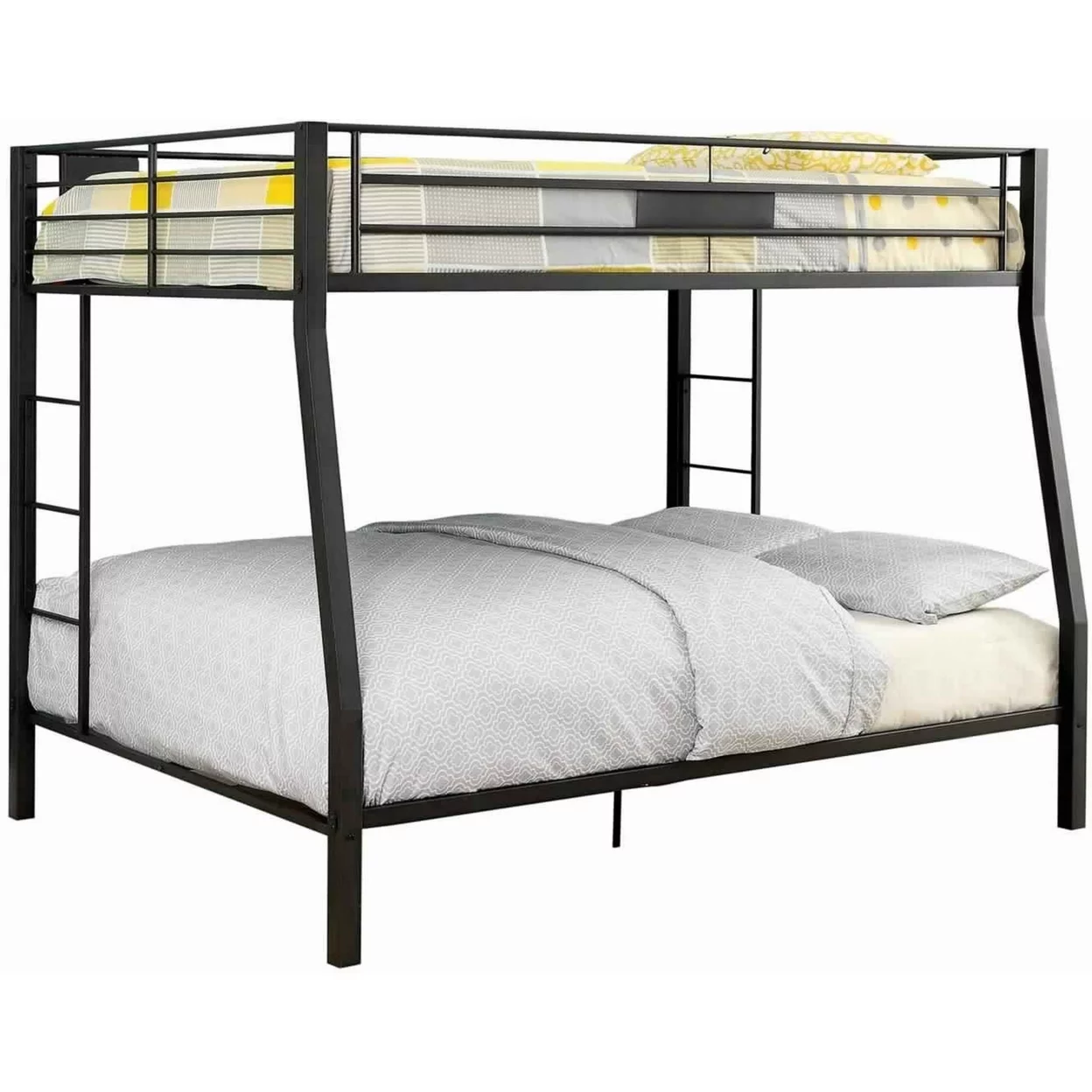 Horizontal Slatted Metal Full Over Queen Bunk Bed with 2 Ladders, Black- Saltoro Sherpi - Curated Treasures Market