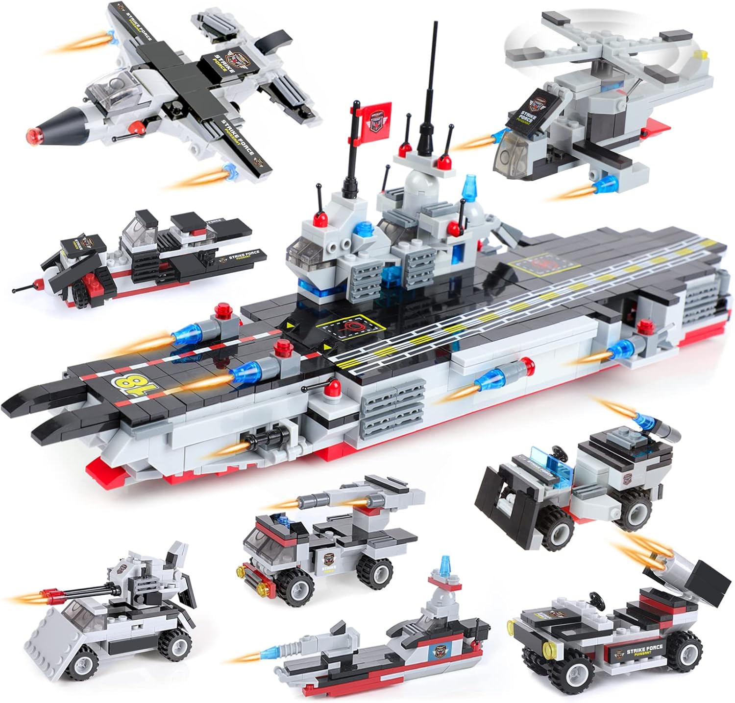 1630 Pieces Aircraft Carrier Building Blocks Set, City Police Military Battleship Building Toy with Army Car, Helicopter, Airplane, Warship, Boat