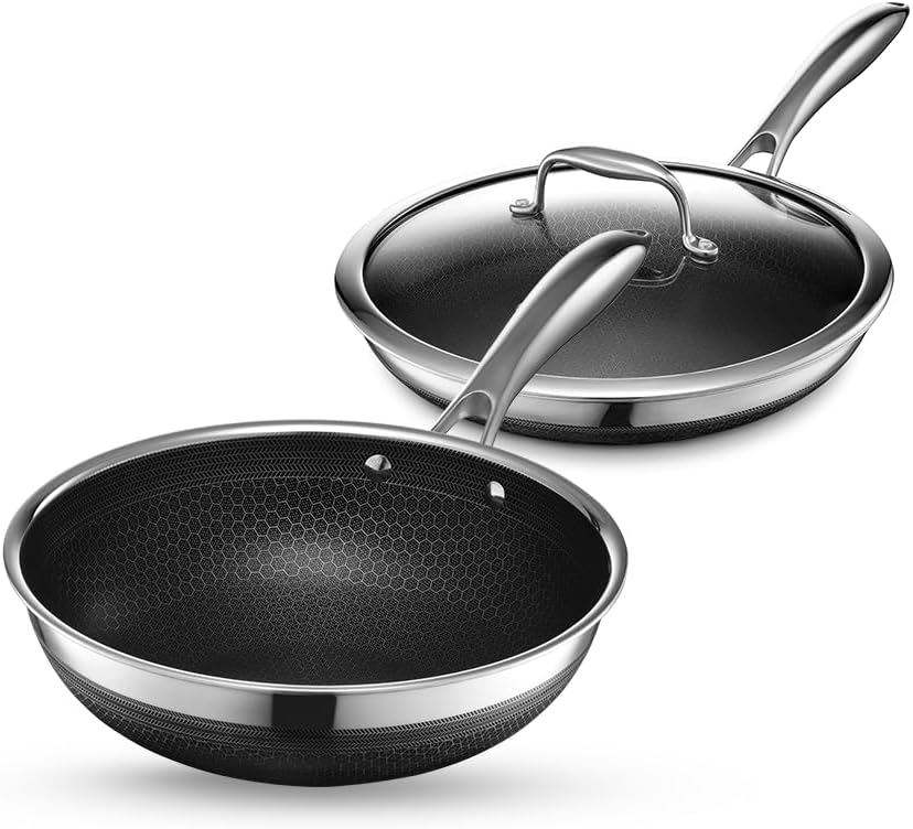 HexClad 3 Piece Hybrid Stainless Steel Cookware Set - 10 Inch Wok and 10 Inch Pan with Lid, Stay Cool Handle, Dishwasher and Oven Safe, Non-Stick