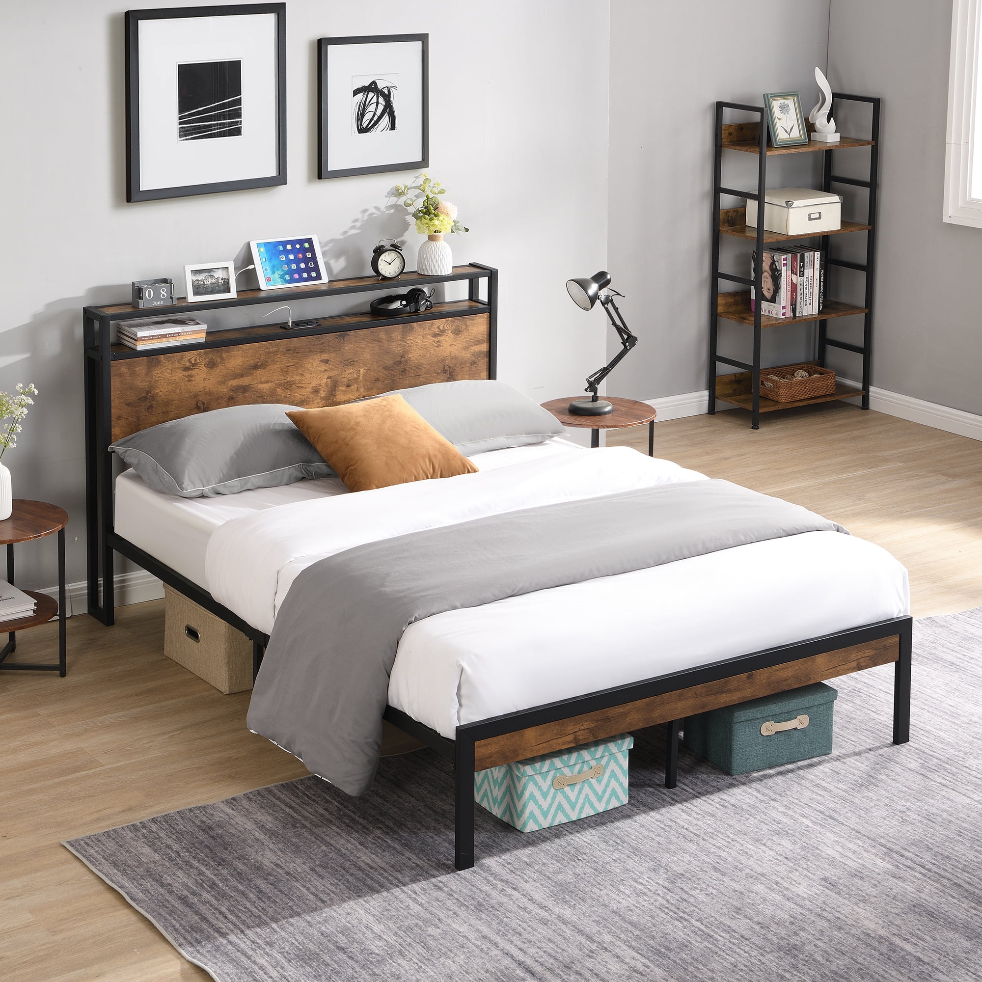 KINFFICT King Size Metal Platform Bed Frame with Wooden Headboard and Footboard, with USB Liner, Sturdy Steel Slat Support, 10.4" Underbed Storage