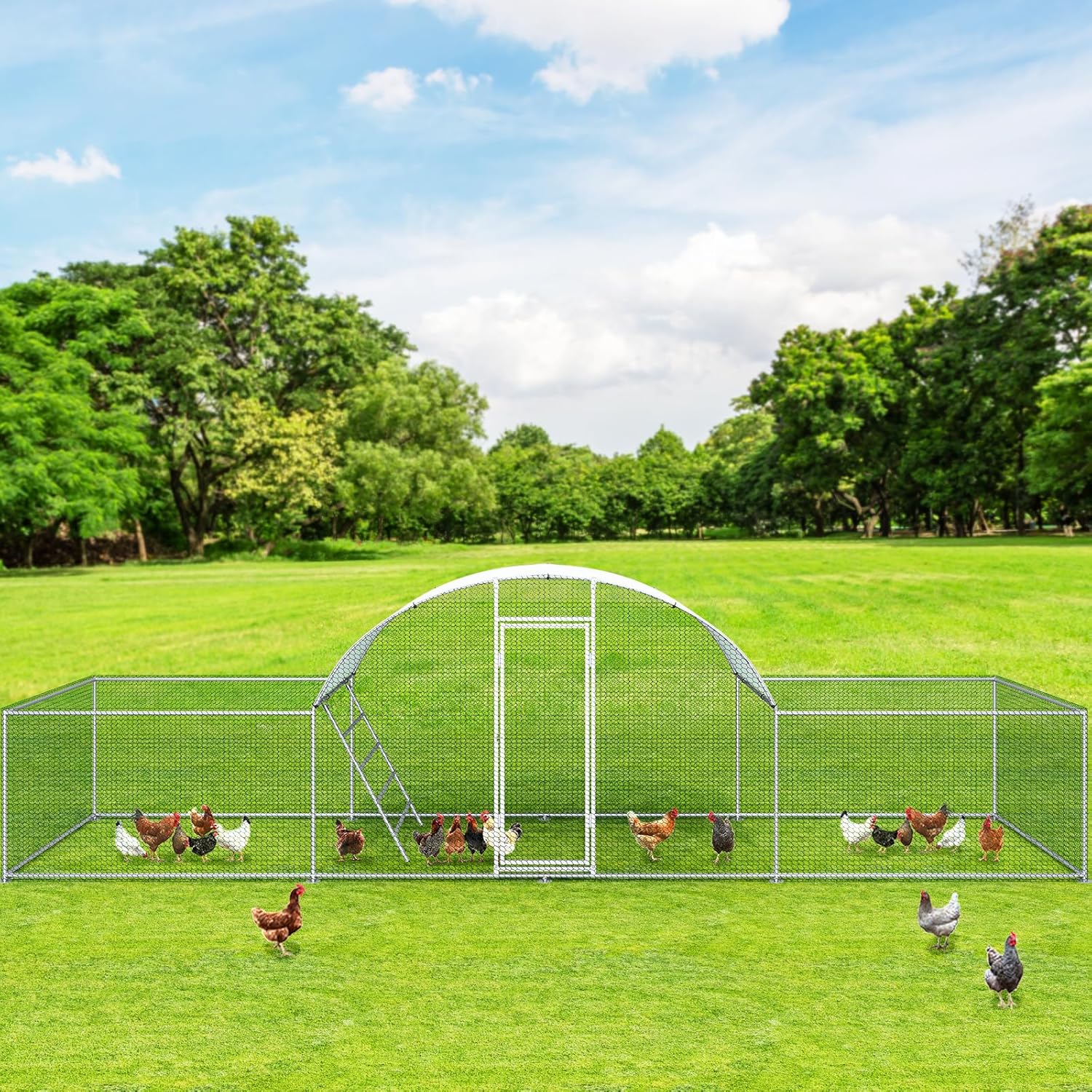 Arlopu 23ft Metal Chicken Coop, 3-Room Dome-Roof Poultry Pen, Large Hen Run Enclosure, Walk-in Galvanized Duck Rabbit Cage House