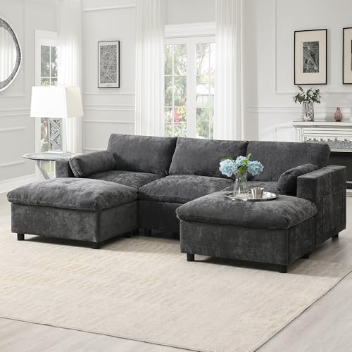 Merax 86.5" Sectional Sofa with Storage Pockets & Removable Ottomans