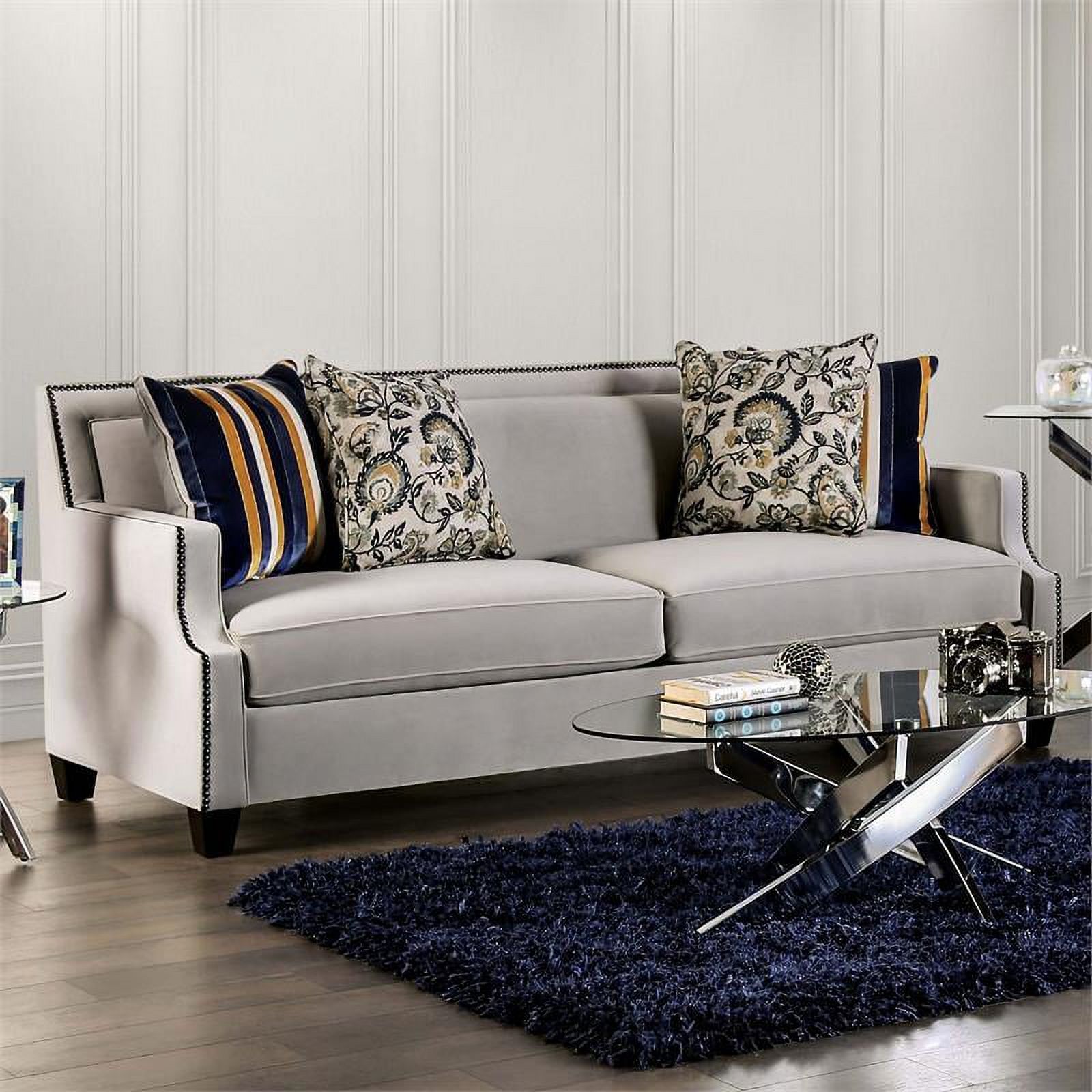 Furniture of America Brier Transitional Fabric Nailhead Sofa in Light Gray