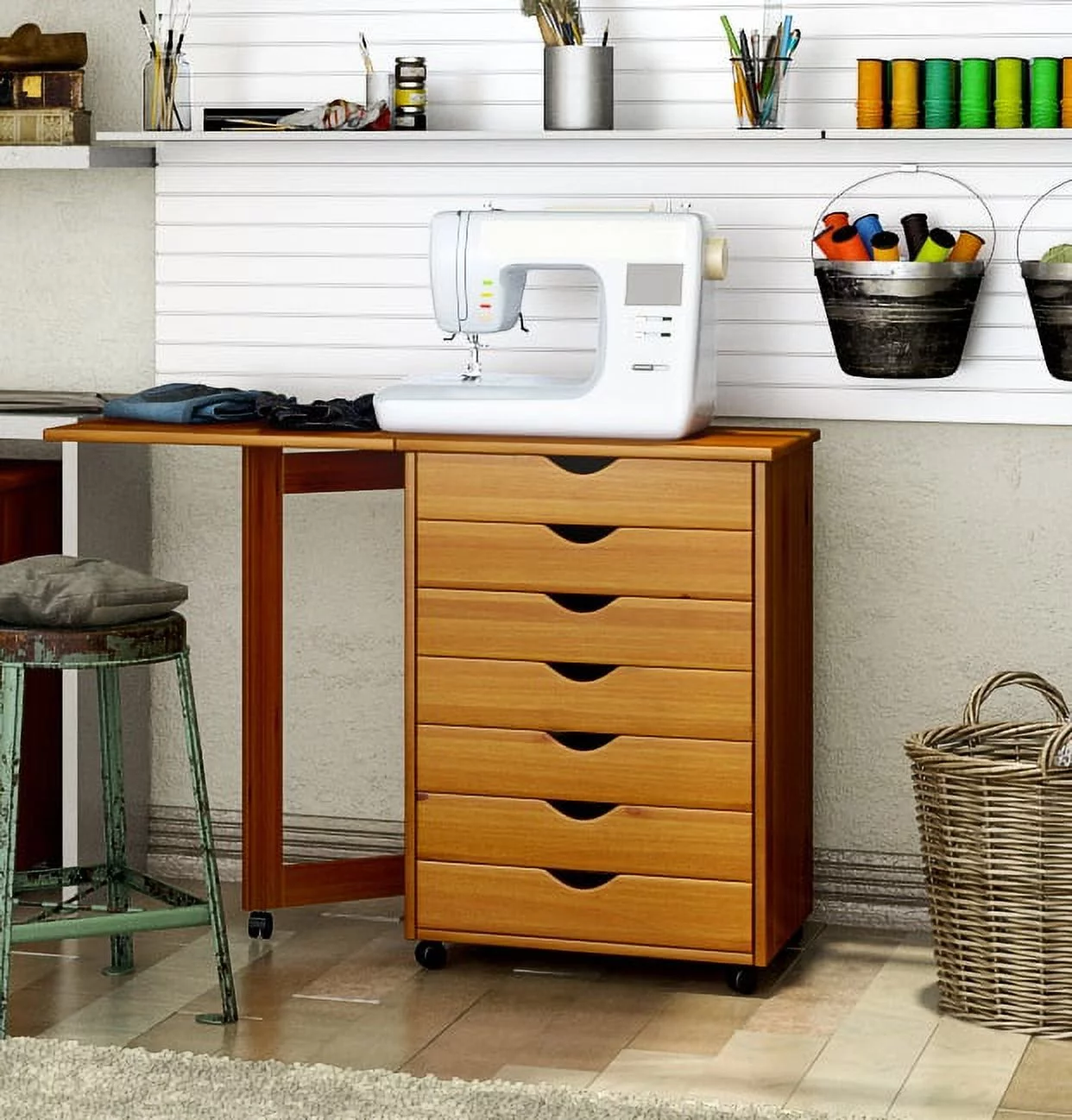 Adeptus Original Roll Cart, Solid Wood, 7 Drawer Gate Leg Roll Cart Desk, Extra Wide Drawers