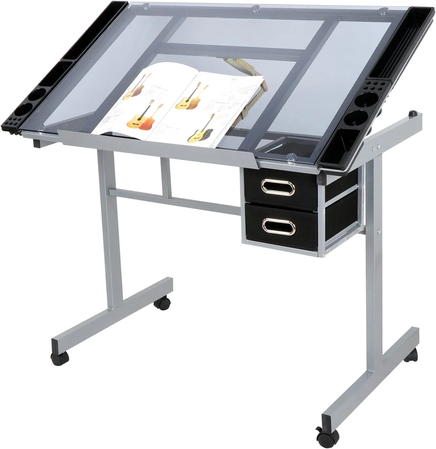 Adjustable Drafting Table Drawing Desk Art Desk Versatile Art Craft Work Station Glass Tabletop w/2 Slide Drawers and Wheels for Reading, Writing