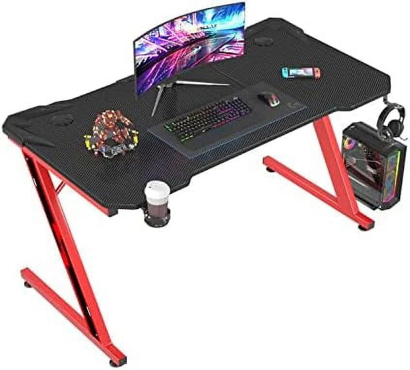CGFHYP Gaming Desk  Computer Desk with Carbon Fiber Surface  Gaming Table Z Shaped PC Gaming Workstation Home Office Desks with Cup Holder and