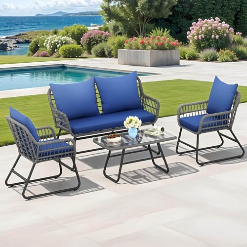YITAHOME 4-Piece Patio Furniture Wicker Outdoor Bistro Set, All-Weather Rattan Conversation Loveseat Chairs for Backyard
