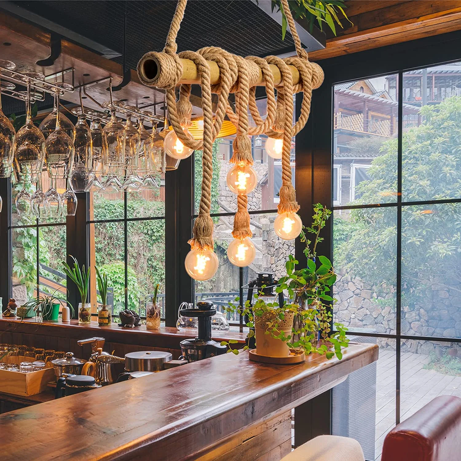 Arturesthome 6 Heads Hemp Rope Pendant Light, Vintage Bamboo Chandeliers Fixture Kitchen Island