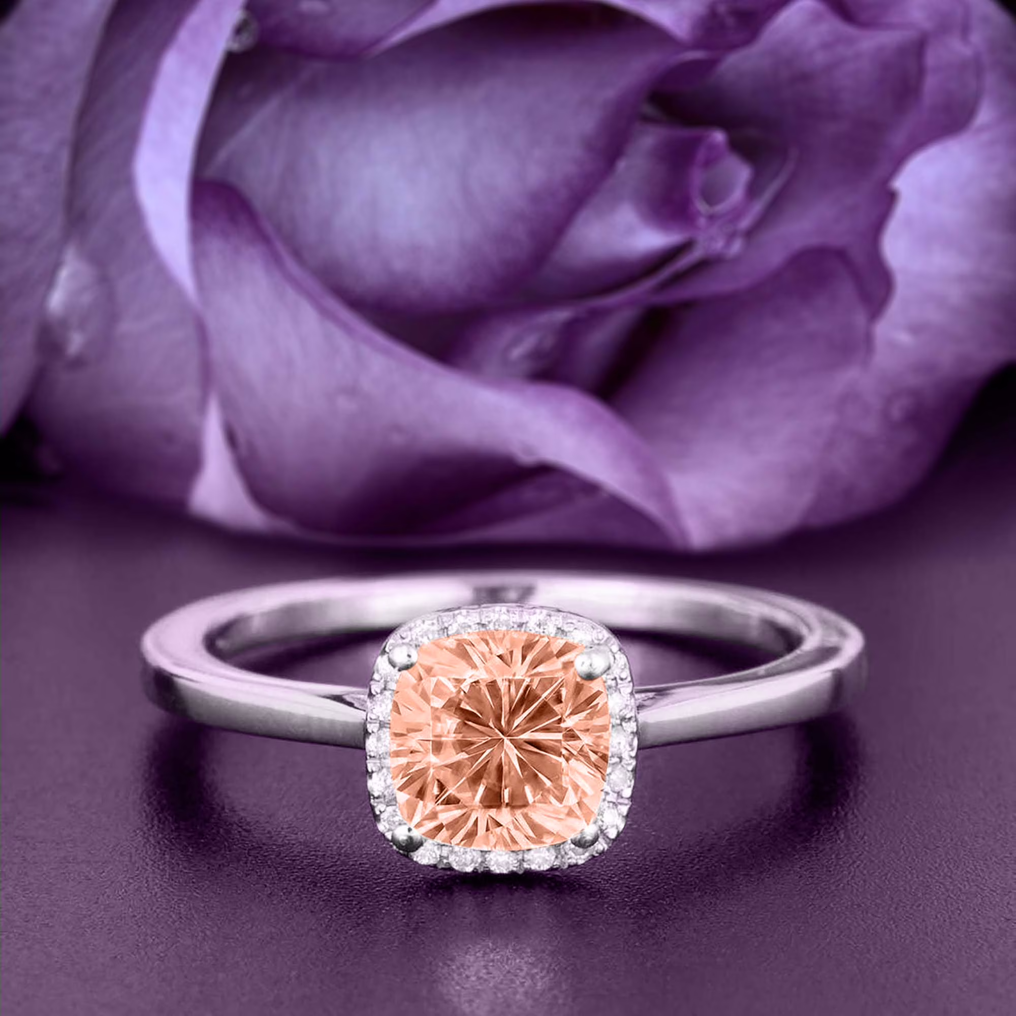Dazzling Halo 1.55 Carat Cushion Cut Morganite And Diamond Moissanite Engagement Ring, Wedding Ring in 10k Solid White Gold Shank