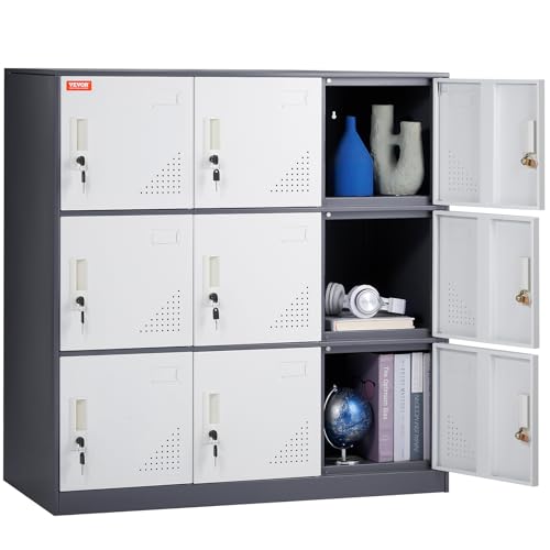 VEVOR Metal Locker for Employees, 9 Doors Storage Cabinet with Card Slot, Gray Steel Employee Lockers with Keys