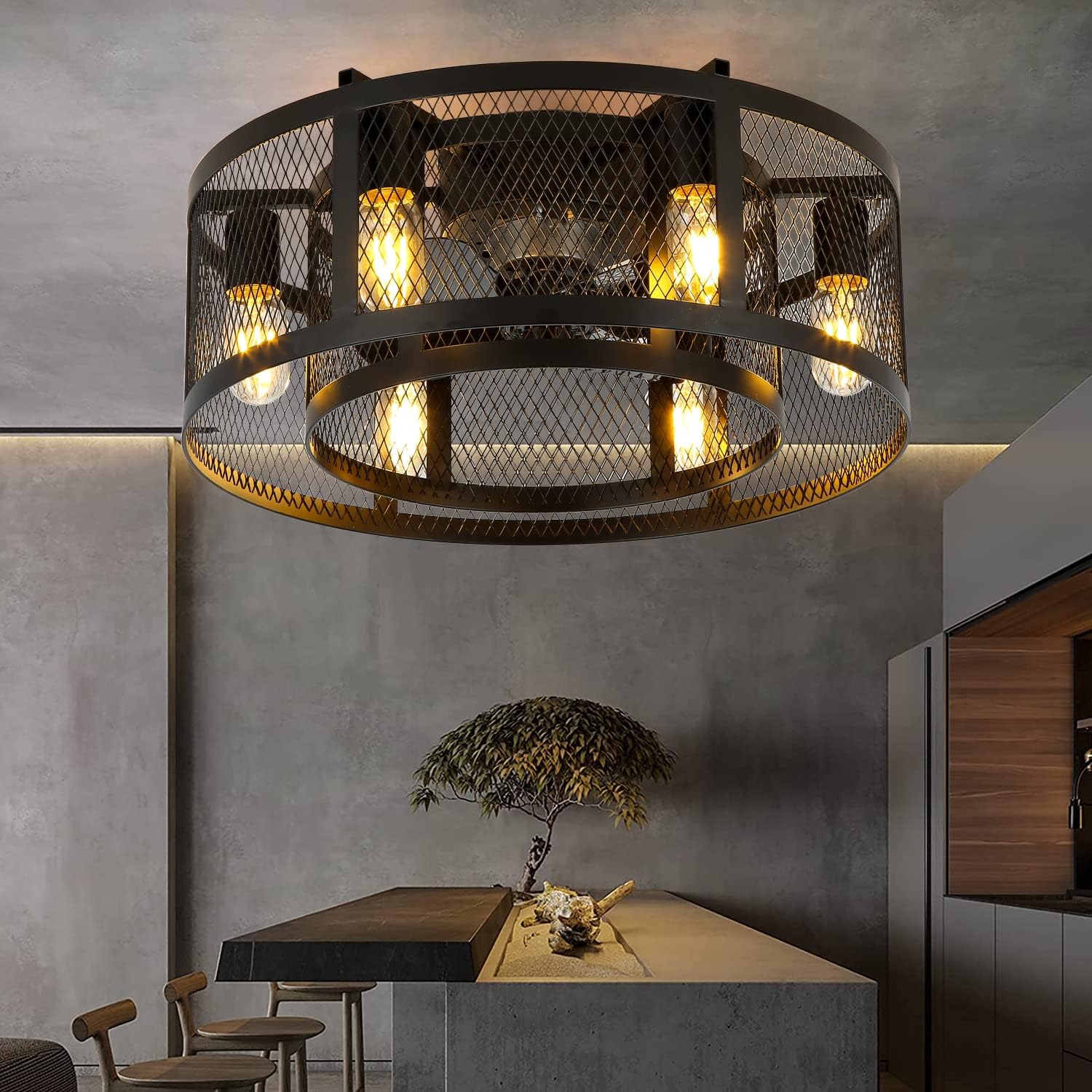 Caged Ceiling Fan with Lights, 6-Light Low Profile Fans Ceiling with Lights Remote Control Indoor, Black Small Caged Flush Mount Ceiling Fan Lighting