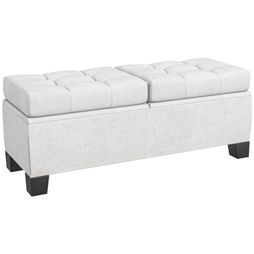 HOMCOM 46" Storage Ottoman Bench, Upholstered End of Bed Bench with Steel Frame, Button Tufted Storage Bench with Safety Hinges for Living Room