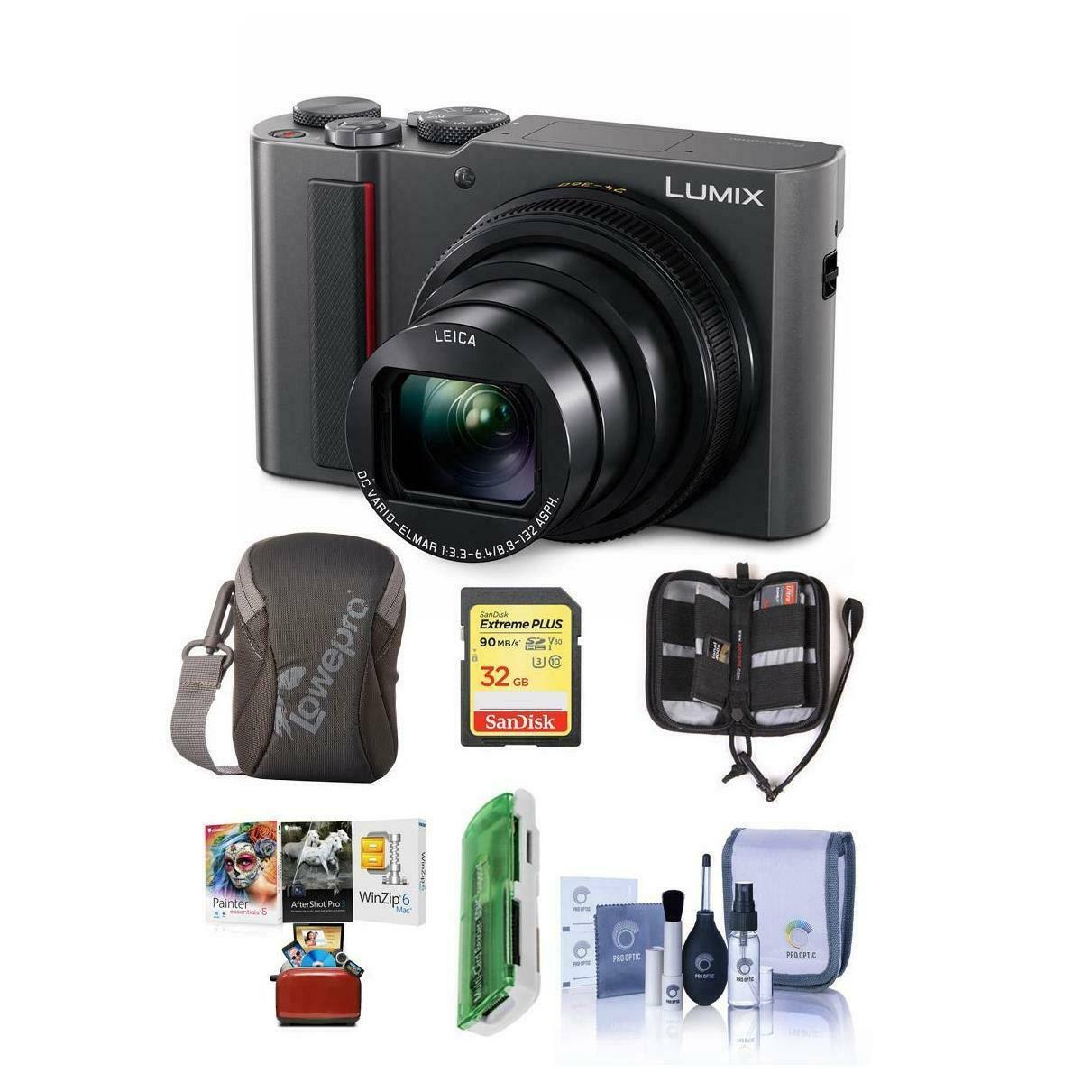 Panasonic Lumix DMC-ZS200 Digital Point u0026 Shoot Camera, Silver - Bundle with 32GB SDHC U3 Card, Camera Case, Cleaning Kit, M