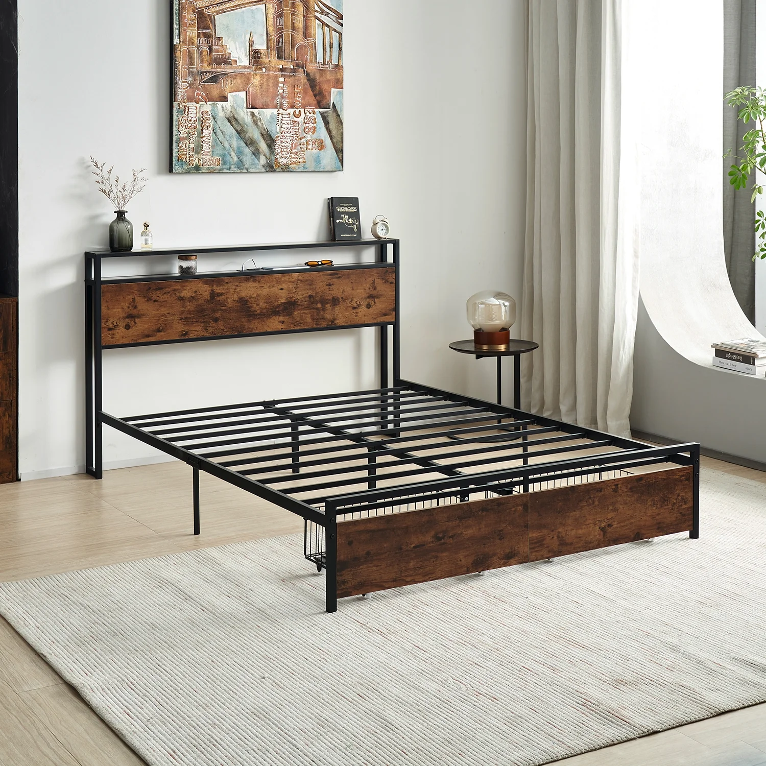Tzicr QUEEN Size Bed Frame with Storage,Metal Platform Bed Frame with 2 Tier Storage Headboard and Electrical Outlet,USB Port Charging Station