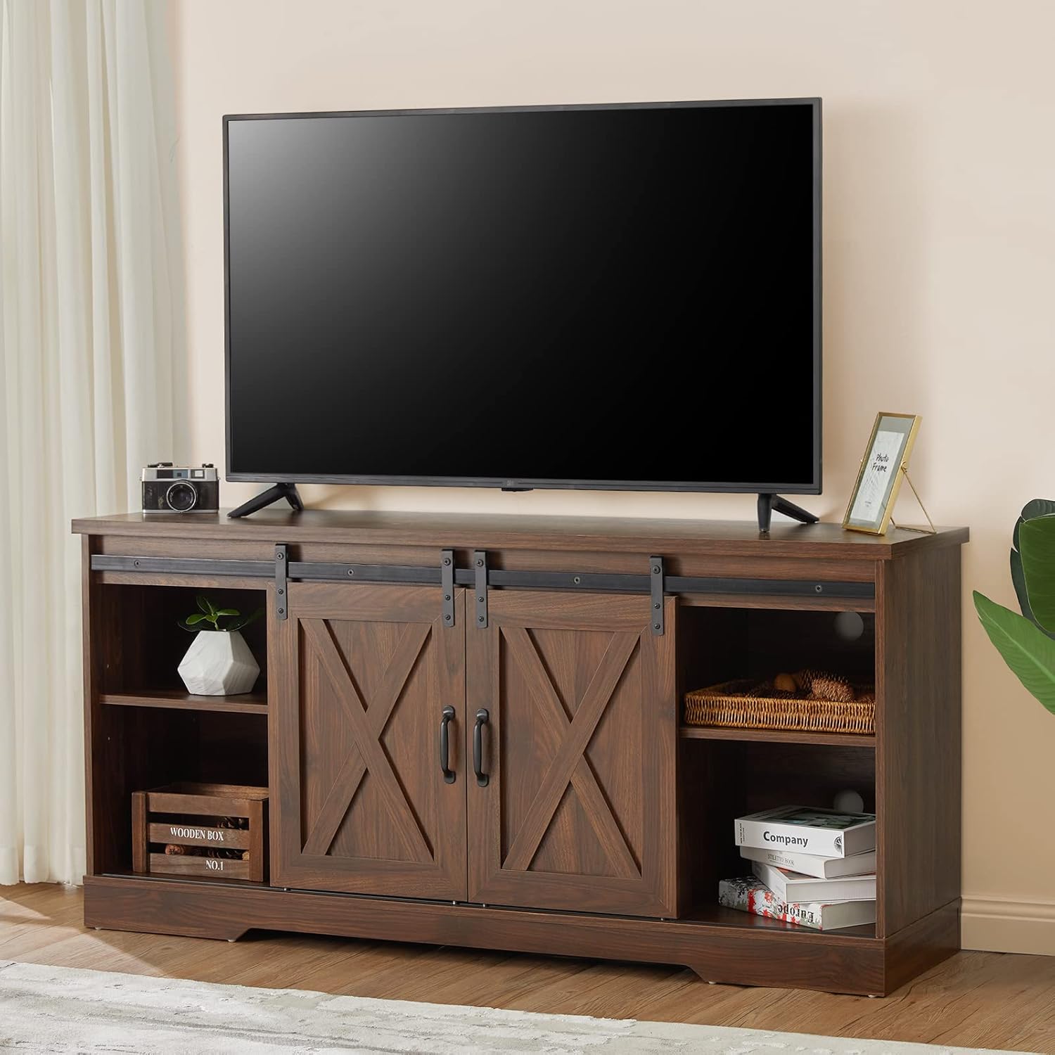 Amerlife TV Stand Sliding Barn Door Farmhouse Wood Entertainment Center, Storage Cabinet Table Living Room with Adjustable Shelves for TVs Up to 65