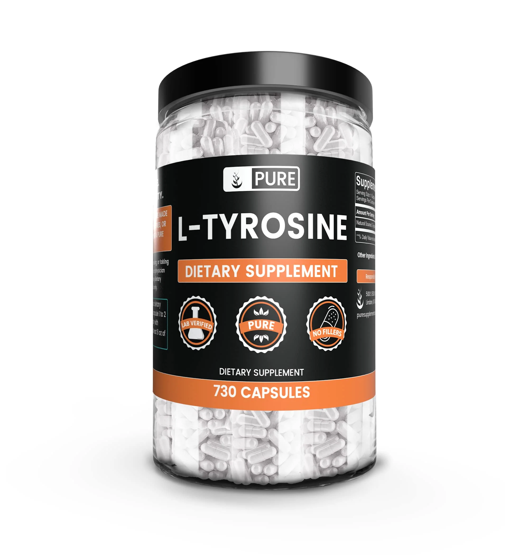 Pure Original Ingredients L-Tyrosine (730 Capsules) No Magnesium Or Rice Fillers, Always Pure, Lab Verified - Kansas Nuitrition - HNZSDS