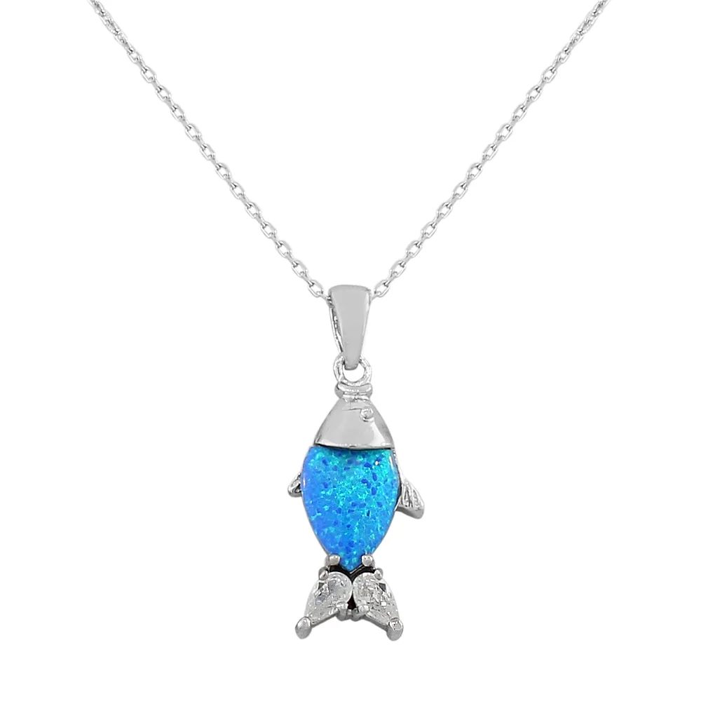 925 Sterling Silver CZ Blue Turquoise-Tone Fish Marine Simulated Opal Pendant Necklace