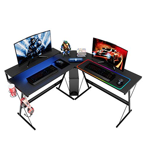 Bestier L Shaped Gaming Desk with LED 55 Inch, Large Monitor Shelf Cup Holder Headset Hook 3 Setup Ways Reversible 72 Inch Long Desk for 2 Persons