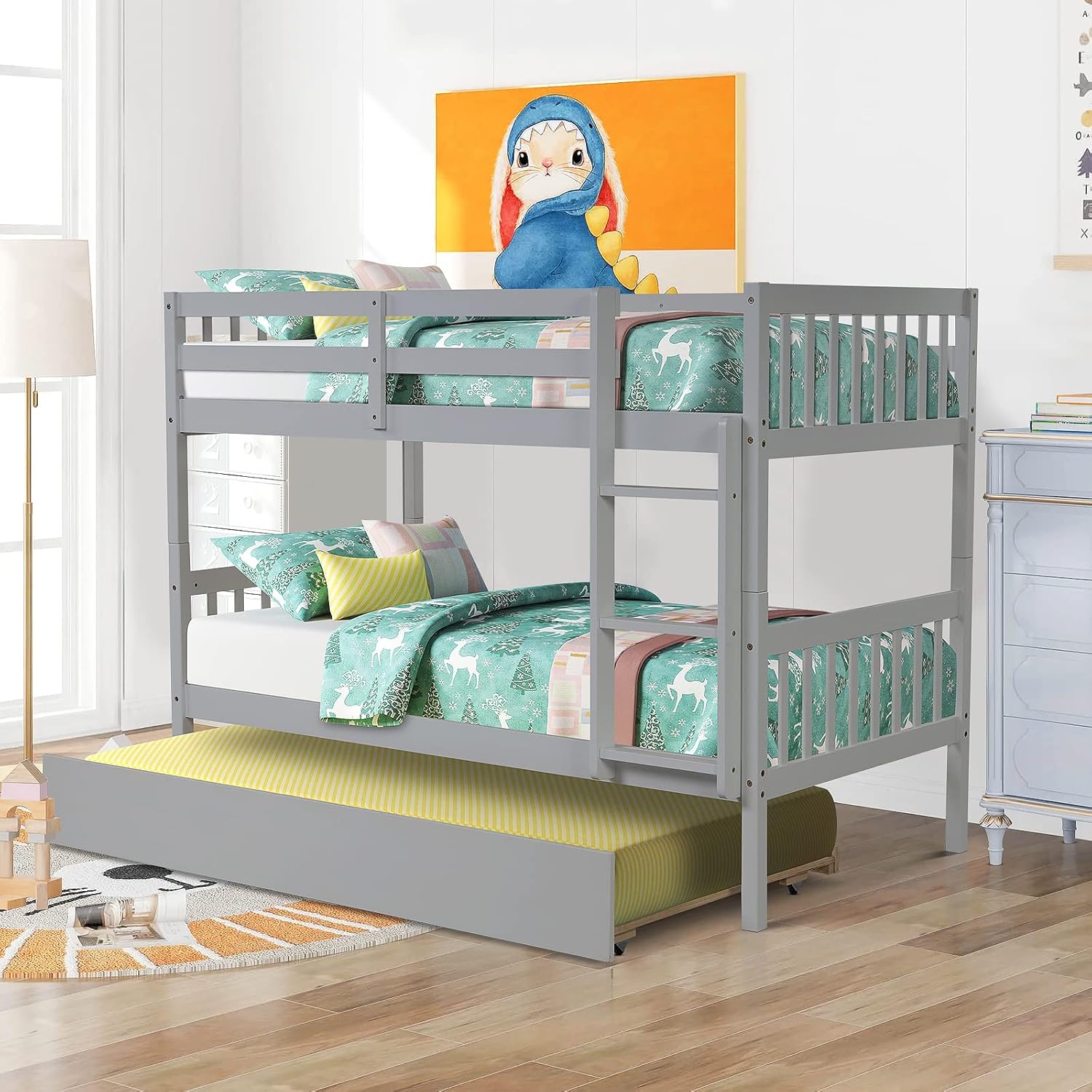 AWQM Bunk Beds,Twin Over Twin with Trundle,Can Be Converted into 2 Beds Solid Wood Trundle Bed Frame with Safety Rail and Ladder