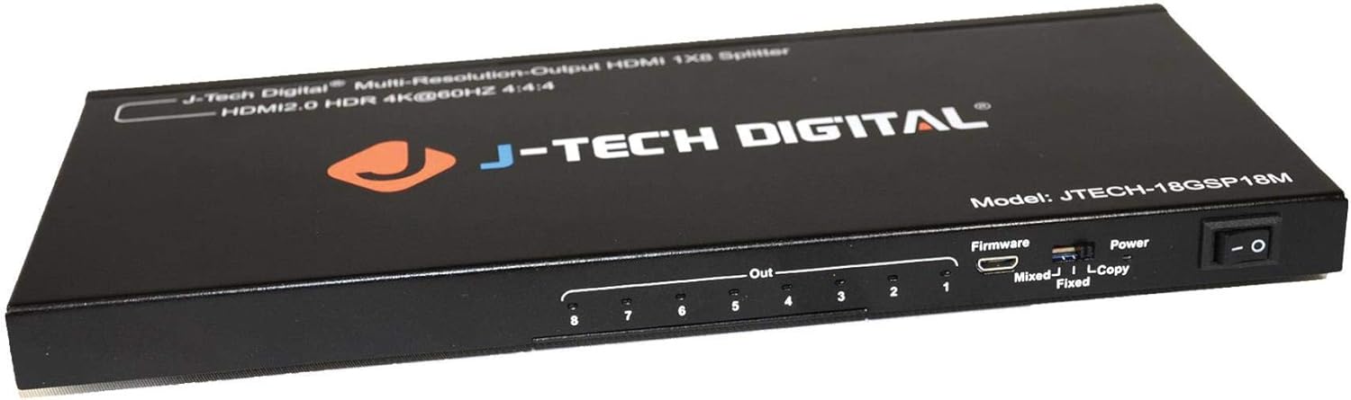 J-Tech Digital Scaler/Multi-Resolution Output (MRO) 18GBps 1x8 HDMI 2.0 Splitter HDR10/Dolby Vision 4K@60Hz 4:4:4 [JTECH-18GSP18M]