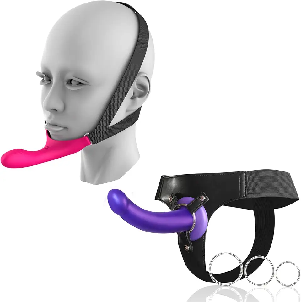 Strap-On Face Chin Harness Vibrator Dildo with 10 Modes and Adjustable Thong Strap-On Harness with 7.5” Curved Liquid Silicone Dildo