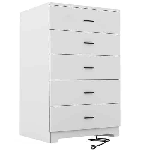 Dresser for Bedroom with Power Outlets Wood 5 Drawer Dresser with Large Storage Space Black Chest of Drawers with Smooth Metal Rail Tall Storage