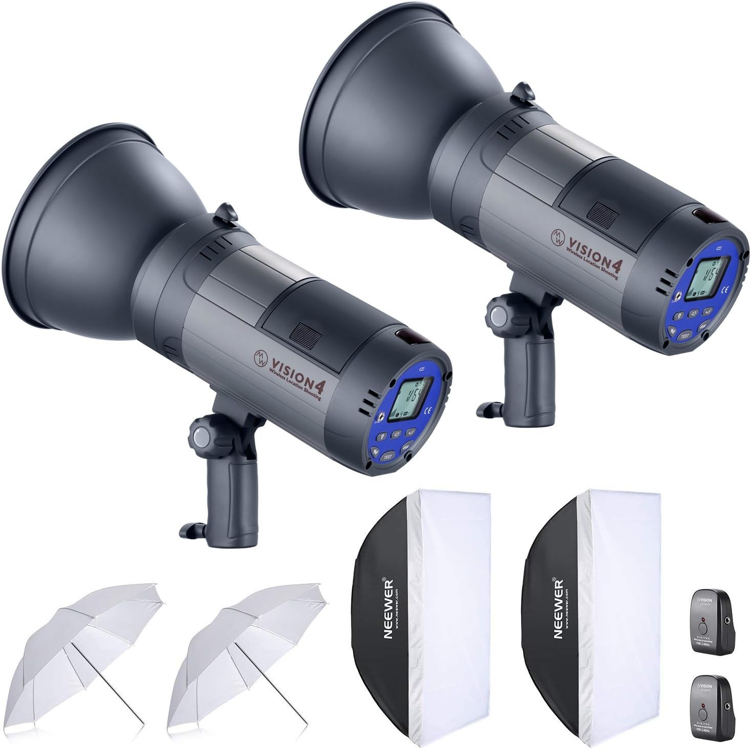 Neewer 600W Battery Powered Outdoor Studio Flash Strobe Lighting Kit:(2)VISION4 Monolight with 2.4G System,(2)Translucent White Umbrella