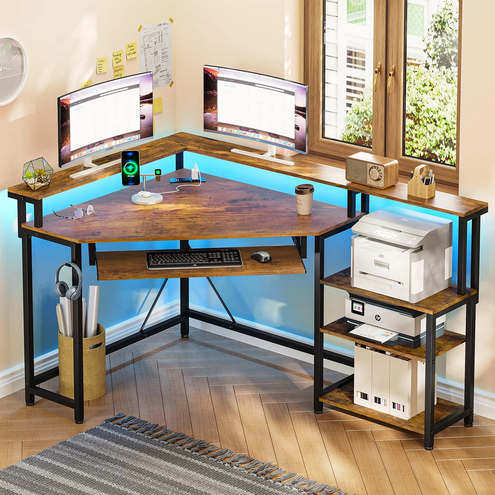 Computer Desk with USB Charging Ports,Corner Desk Gaming Desk with LED Lights, Home Office Desk with Storage for Small Space, Rustic Brown