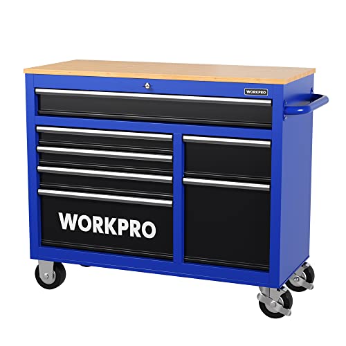 WORKPRO 46-Inch 9-Drawers Rolling Tool Chest, Mobile Tool Storage Cabinet with Wooden Top, Equipped with Casters, Handle, Drawer Liner