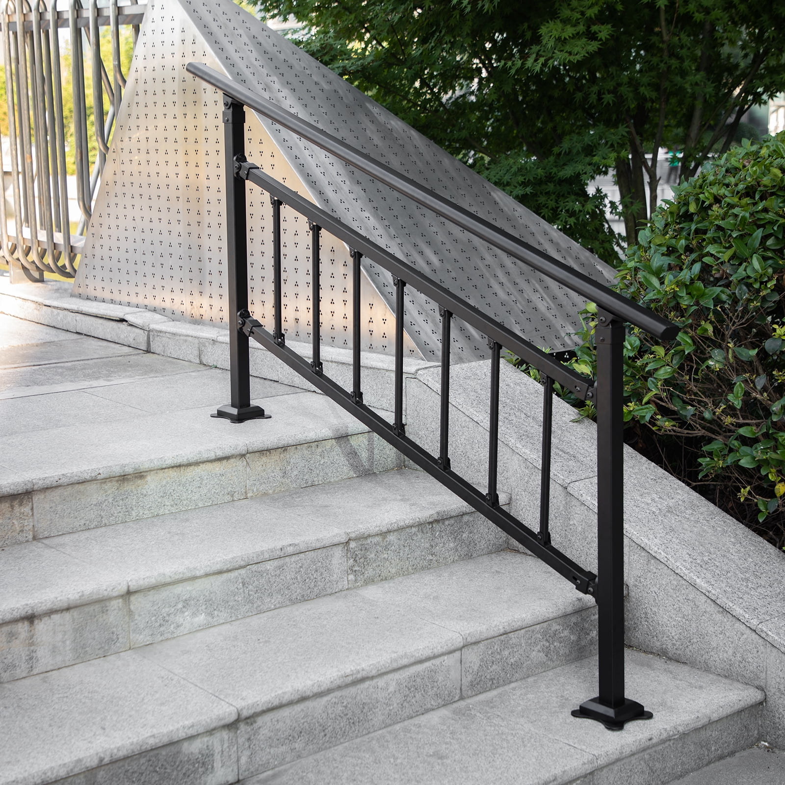 BENTISM Iron Handrail Stair Railing Hand Rail Kit 0-5 Steps Outdoor Black w/ Bars