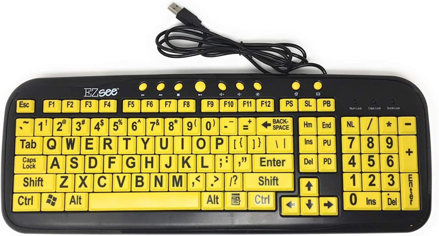 DataCal EZSee Wired USB Low Vision Keyboard - Black Characters on Yellow Keys