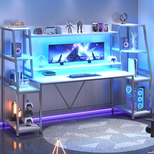 SEDETA Gaming Desk 78.8'' with LED Lights, Hutch and Storage Shelves, Computer Desk with Monitor Stand, Large PC Gamer Desk Workstation