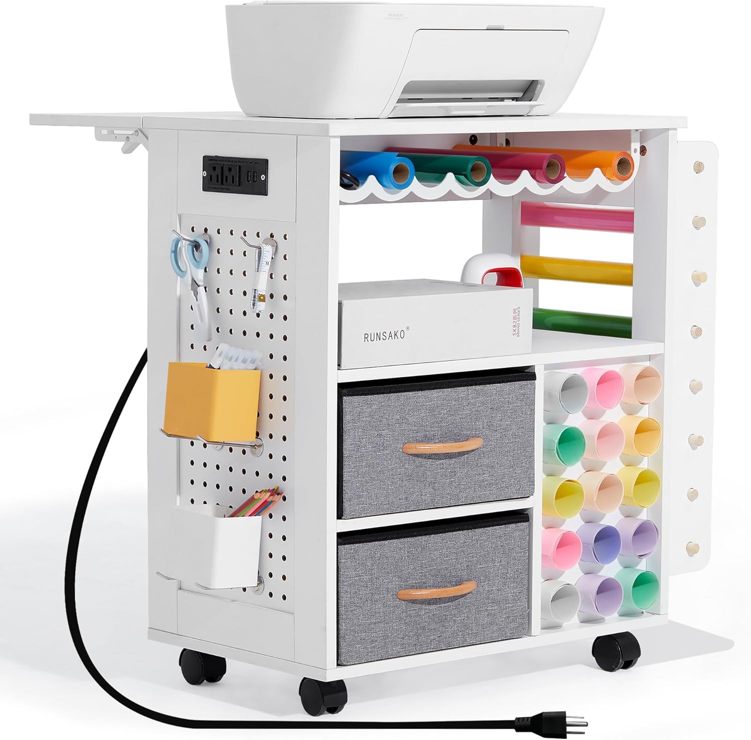 CRAFTEASE Rolling Craft Cart and Storage Table Compatible with Craft Machines Foldable Craft Cabinets w/USB Ports & Outlets Vinyl Roll Holder Craft