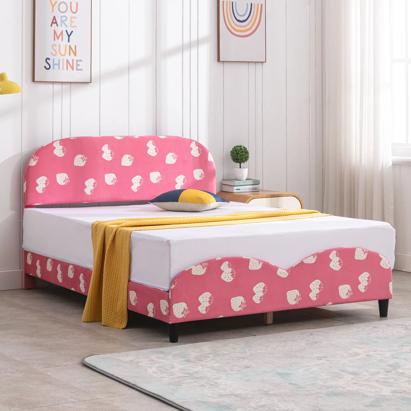BALUS Kids Twin Bed Frame, Smooth Curved Upholstered Headboard and Footboard, Strawberry Patterns Design, Children's Protective, Easy Assembly, Pink