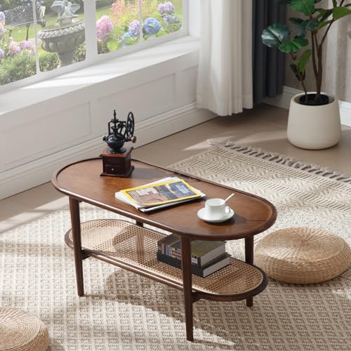 Rattan Wood Mid Century Modern Coffee Table, 39.5" Oval Coffee Table with Cane Wicker Storage Shelf for Living Room, Indoor, Home Décor, Walnut