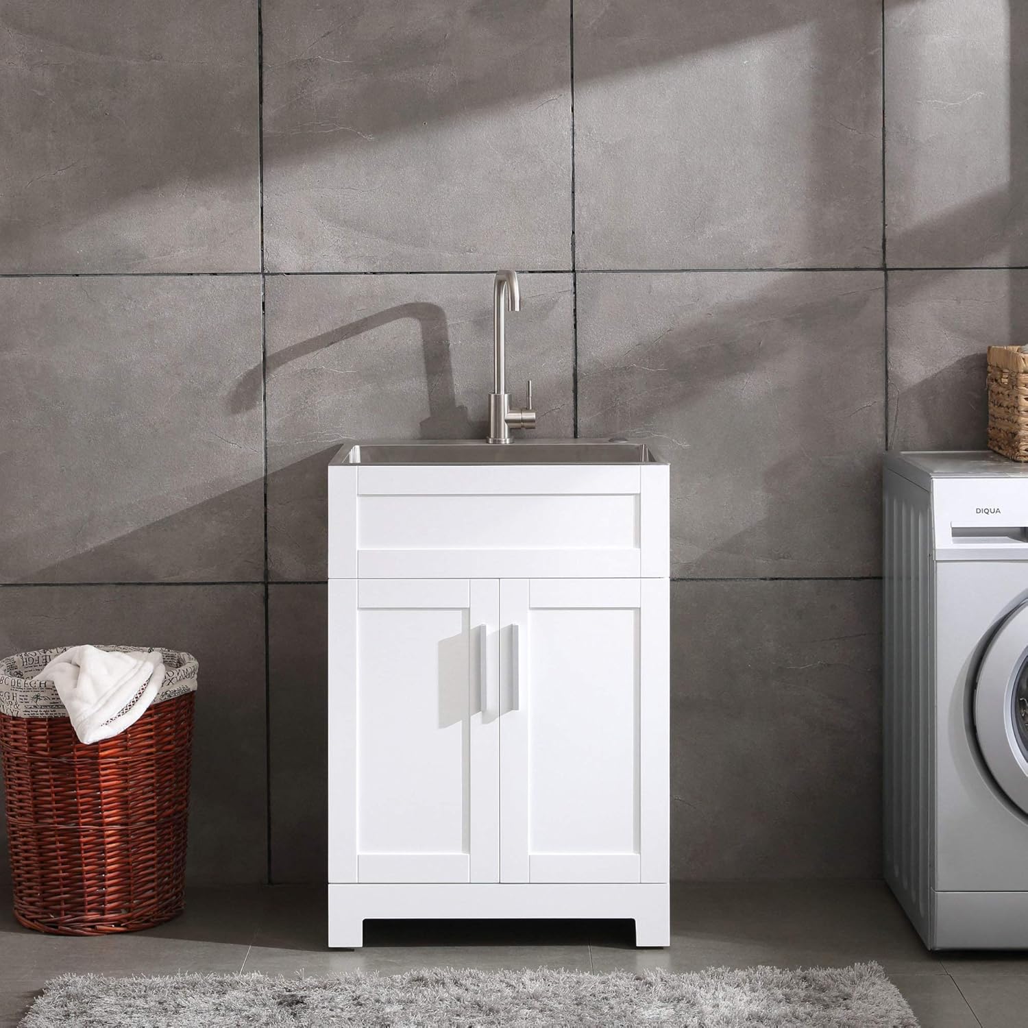 24 White Laundry Utility Cabinet w/ Stainless Steel Sink and Faucet Combo