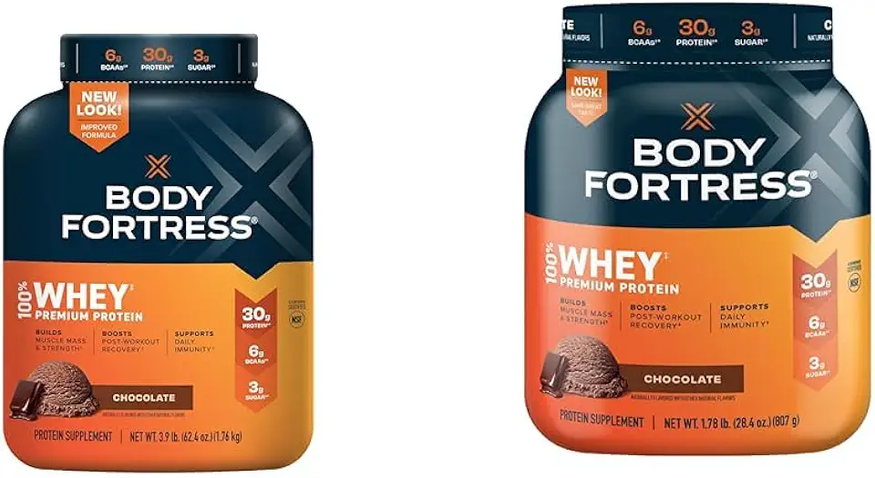 Body Fortress 100% Whey, Premium Protein Powder, Chocolate, 3.9lbs (Packaging May Vary) & 100% Whey, Premium Protein Powder, Chocolate