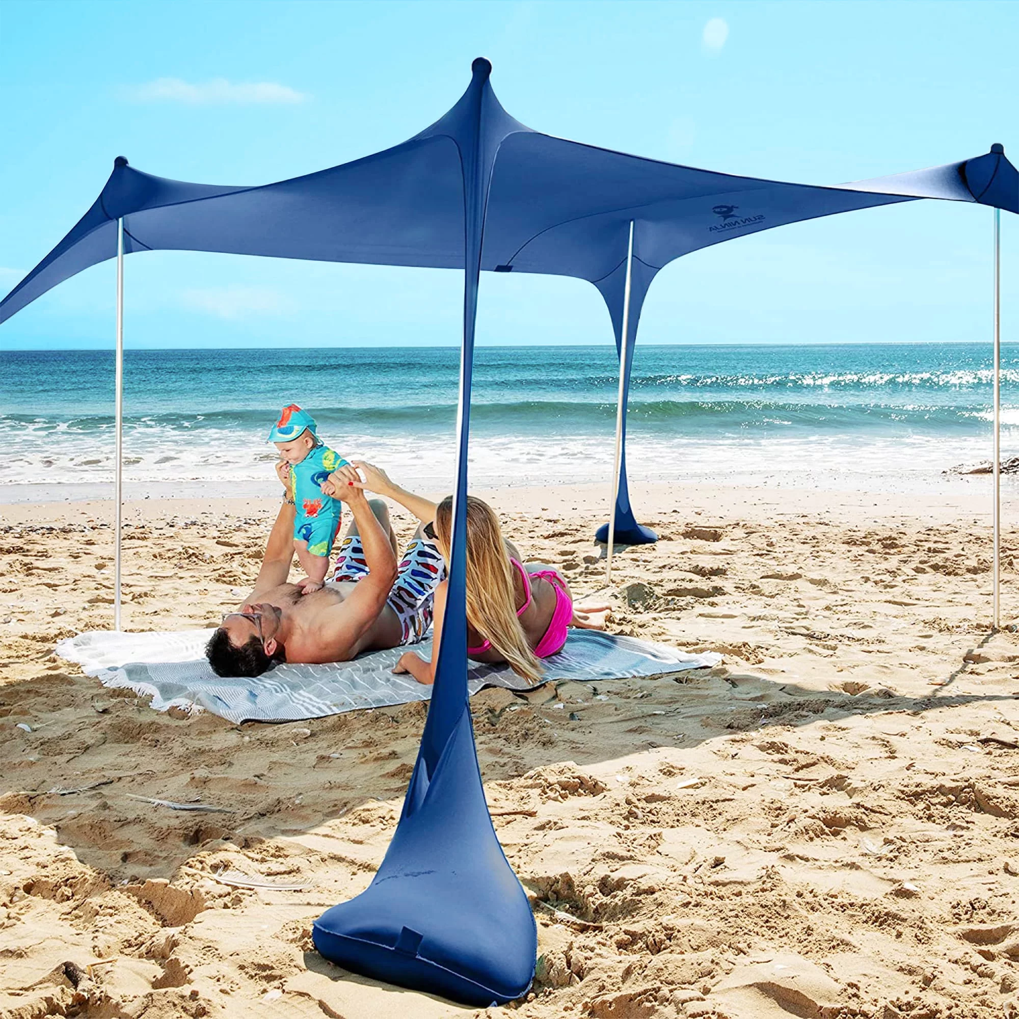 SUN NINJA Pop Up Navy Blue Beach Tent UPF50+ with Shovel, Pegs & Stability Poles