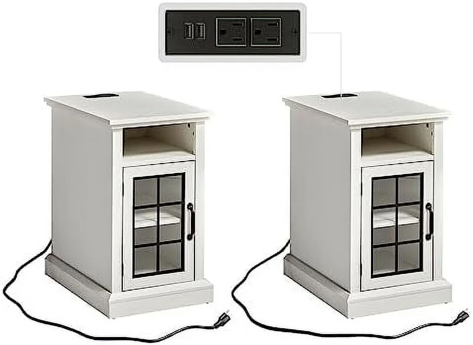 Set of 2 End Table with Charging Station&amp;USB Ports   Side Table Cabinet with Glass Door for Living Room  Bedroom  Distressed White