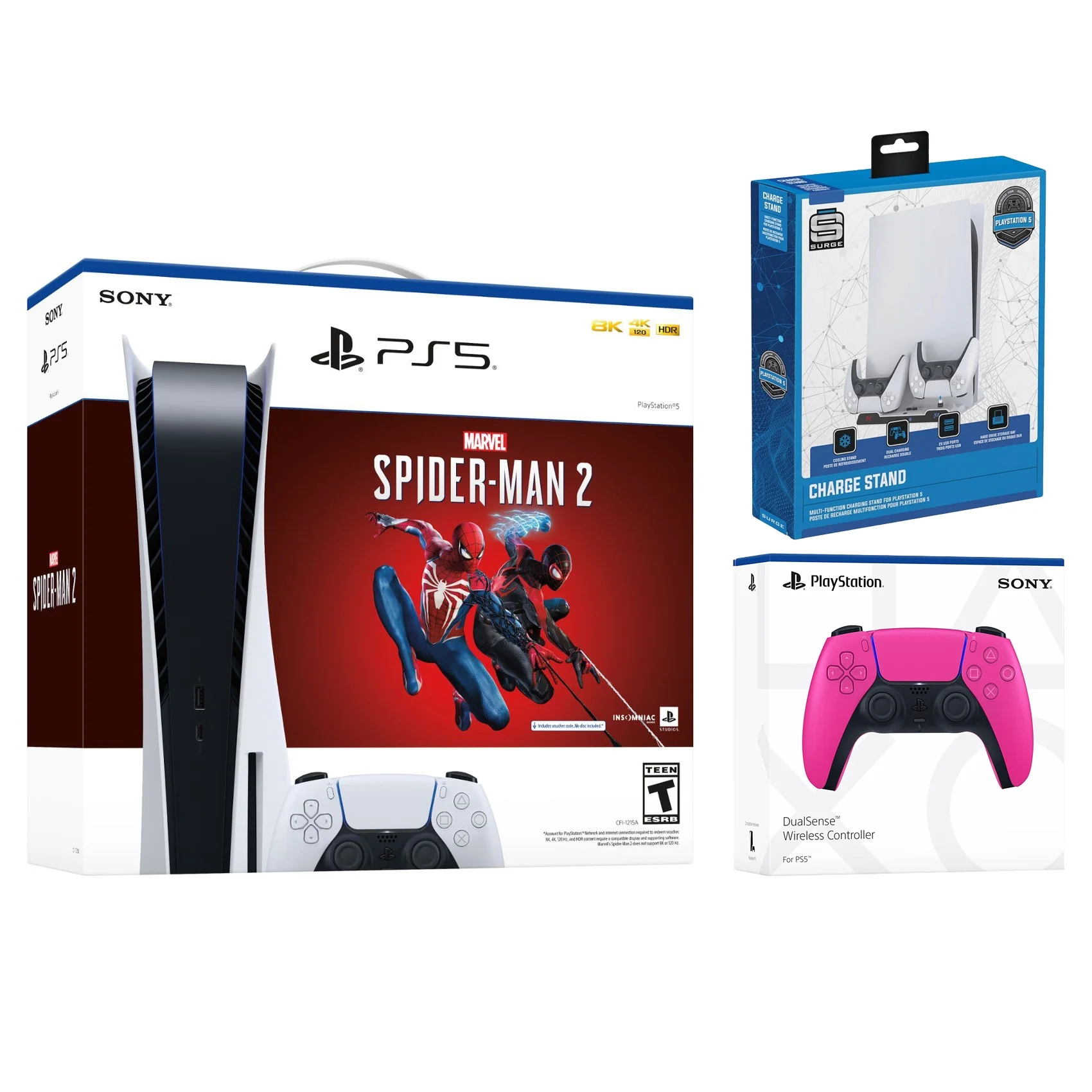 Sony PlayStation 5 Disc Marvel’s Spider-Man 2 Bundle with Extra Nova Pink Controller and Surge USB Hub Charging Stand