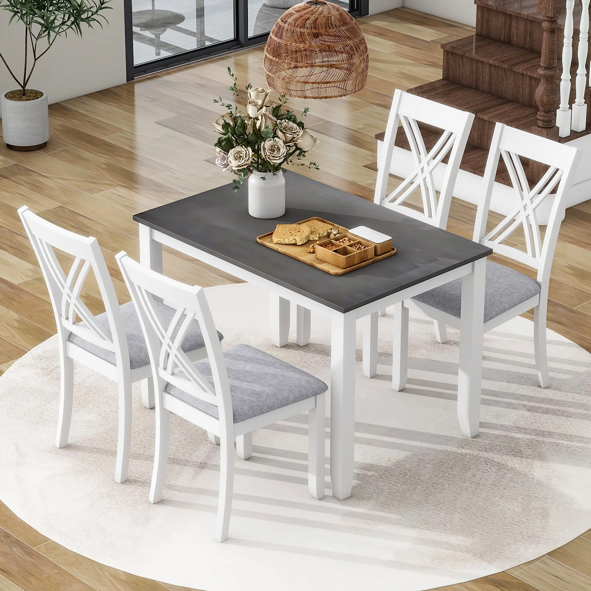 4 Person Modern Minimalist Wood Small Dining Table with 4 Chairs Set for Dining Room Kitchen, 5-Piece Grey