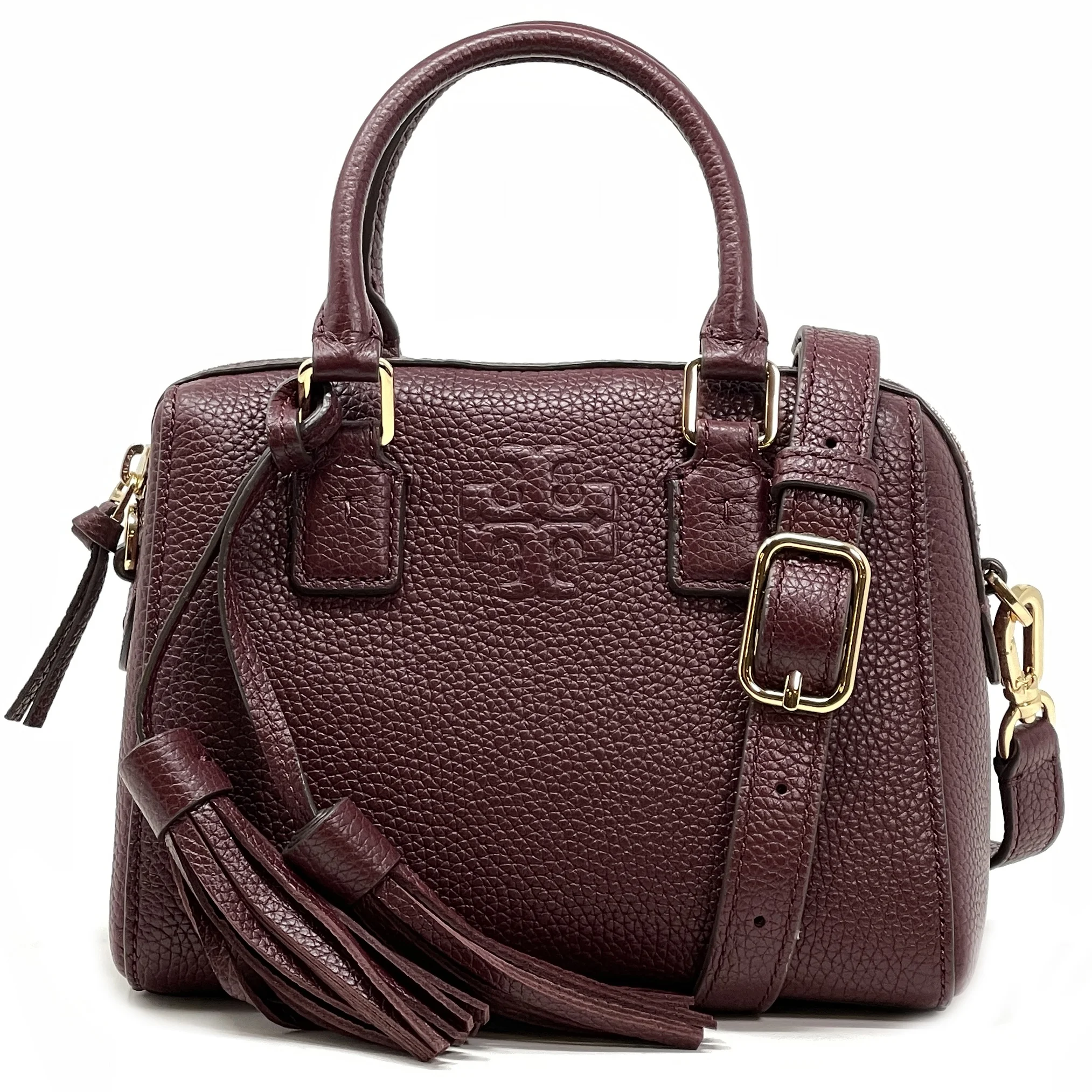 Tory Burch Women's Thea Pebbled Leather Mini Web Satchel (Claret)