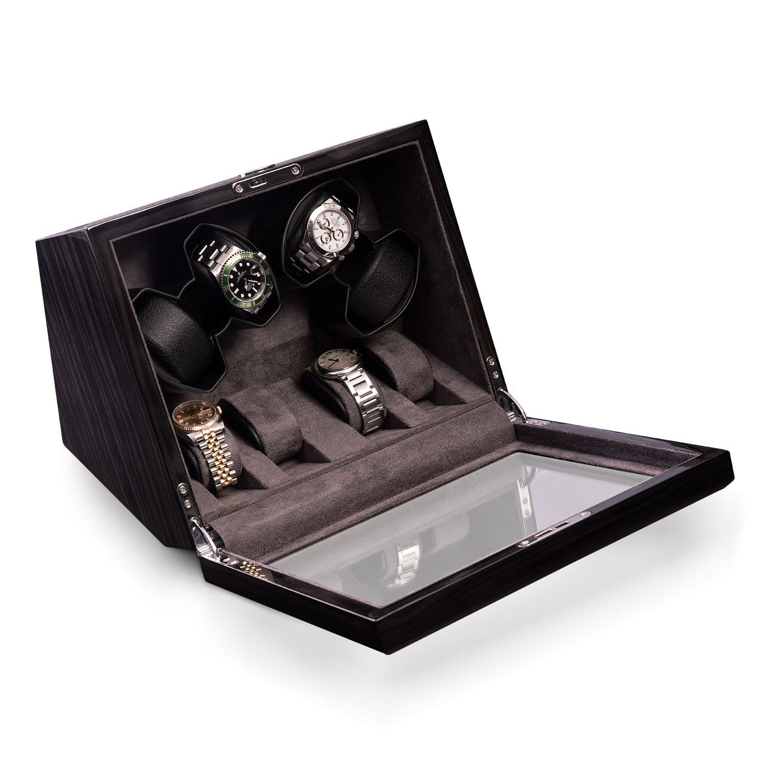 Bey-Berk Louis Ash Wood Lacquered Four-Watch Winder Storage Case with Glass Top