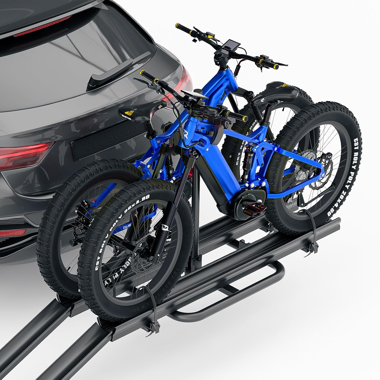 2 EBike Rack with Ramp, up to 4" Fat Tire Carrier, 200 LBS Capacity Electric Bicycles Racks, Lockable & Foldable Bike Racks Platform for Standard